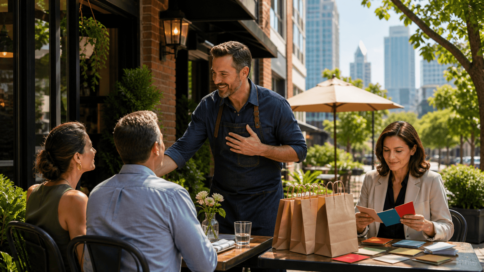 Warmly lit restaurant table with plated dishes, glowing pendant lights, and Charlotte skyline in the background.
