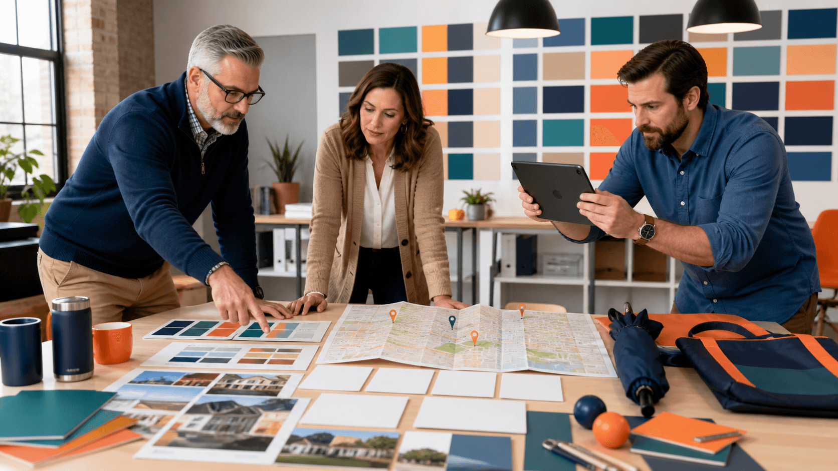 Blue-toned office scene with professionals in conversation beside glowing digital network connections.